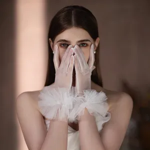 Women Elegant White Short Ruffled Wedding Party Gloves