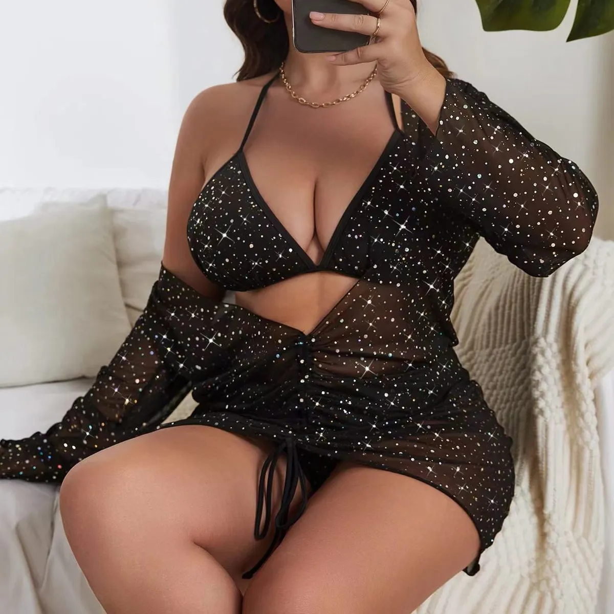 Women Fashion Sexy Plus Size Solid Color Rhinestone Bikini Swimsuit Three-Piece Set