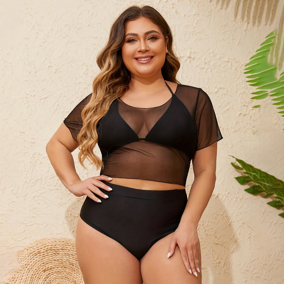 Women Fashion Sexy Plus Size Solid Color Strap Bikini Swimsuit Set
