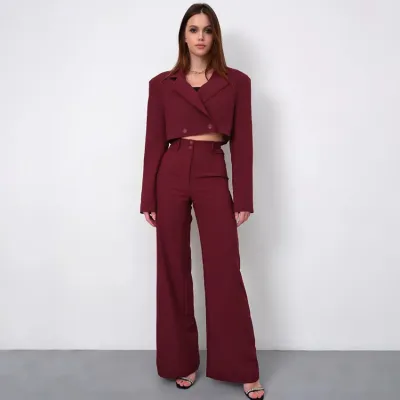 Women Fashion Casual Solid Color Lapel Long-Sleeve Jacket High Waist Wide Leg Pants Two-Piece Set