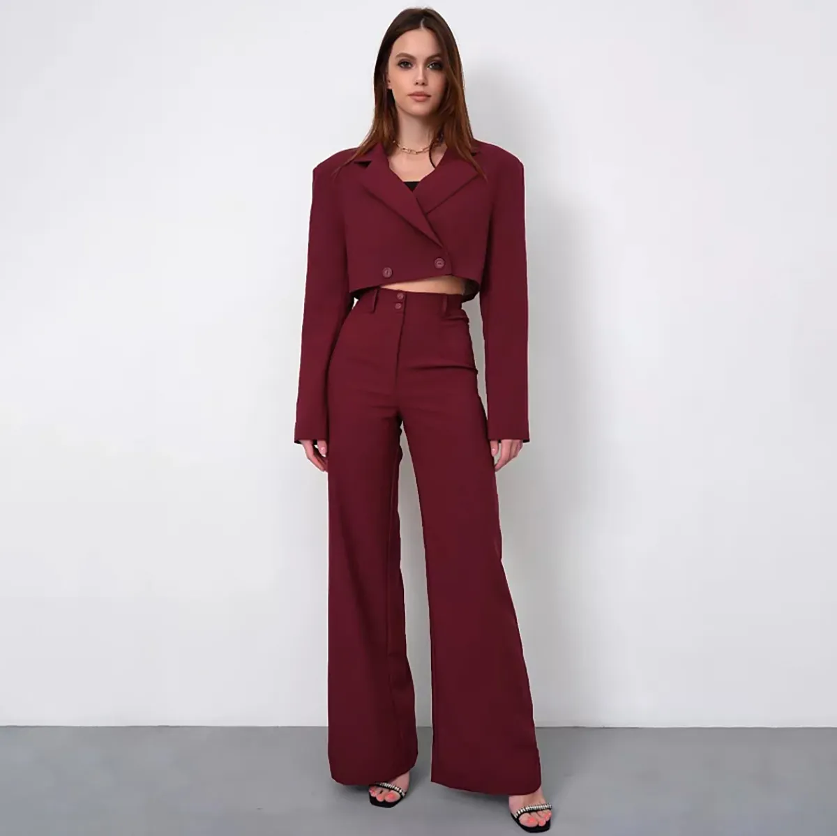 Women Fashion Casual Solid Color Lapel Long-Sleeve Jacket High Waist Wide Leg Pants Two-Piece Set