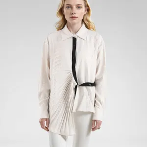 Women Fashion Casual Color-Matching Pleated Irregular Lapel Long-Sleeve Single-Breasted Blouse