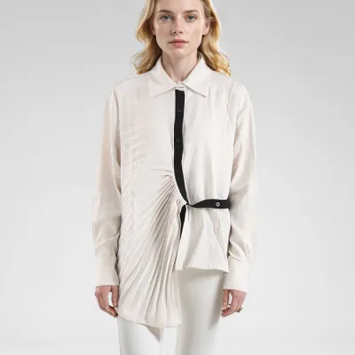 Women Fashion Casual Color-Matching Pleated Irregular Lapel Long-Sleeve Single-Breasted Blouse