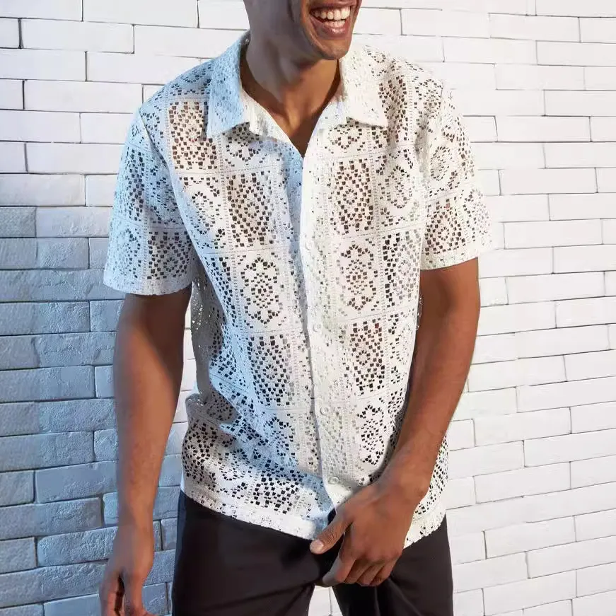 Men's Fashion Casual Solid Color Mesh Hollow Lapel Short-Sleeve Shirt