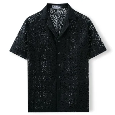 Men's Fashion Casual Solid Color Hollow Lapel Short Sleeve Shirt