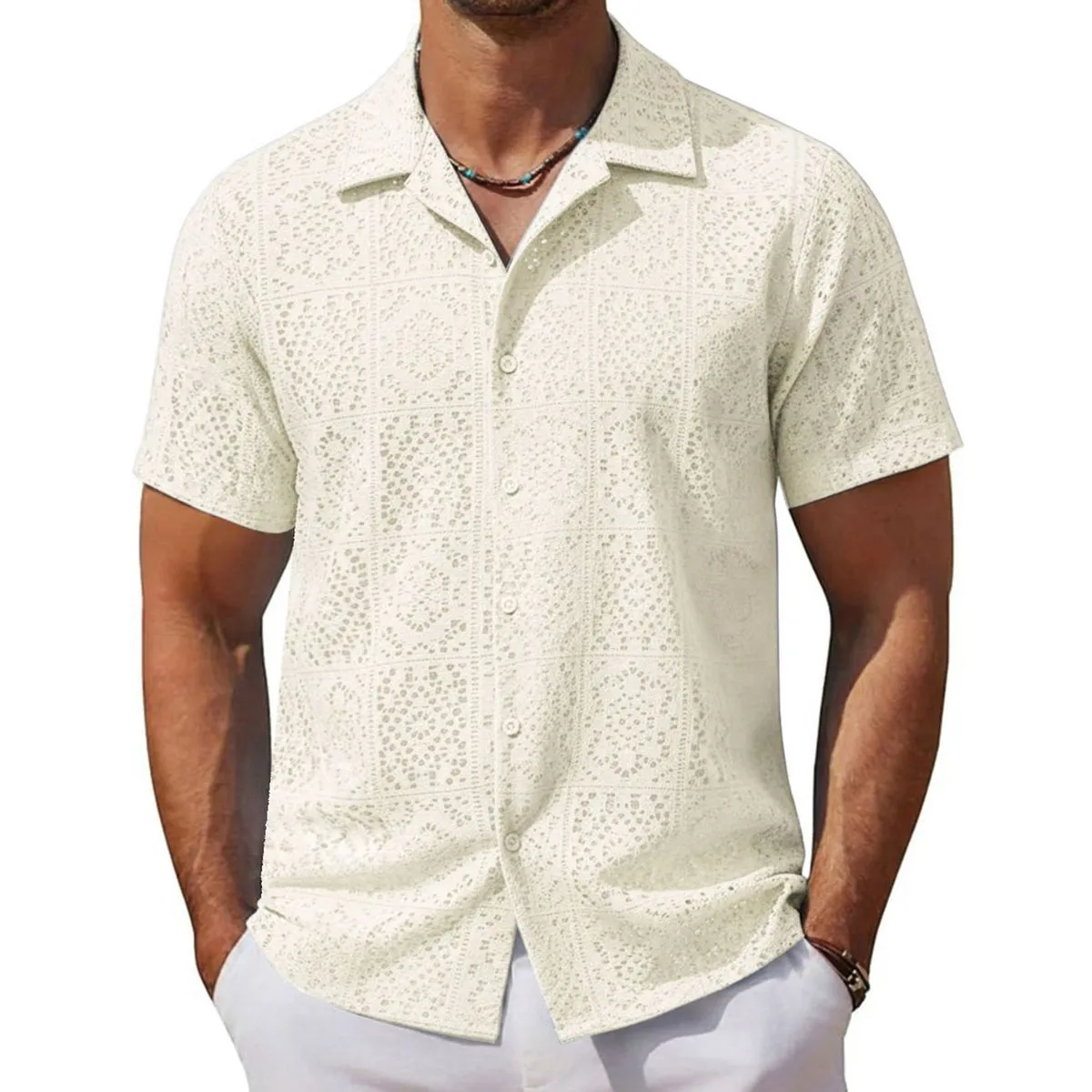 Men's Fashion Casual Solid Color Hollow Lapel Short Sleeve Shirt