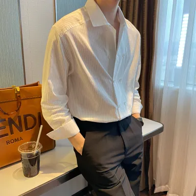 Men's Fashion Casual Solid Stripe Lapel Stand-Up Collar Long Sleeve Linen Shirt