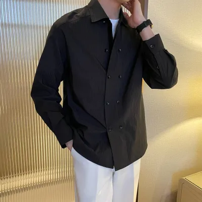 Men's Fashion Casual Solid Stripe Lapel Stand-Up Collar Long Sleeve Linen Shirt
