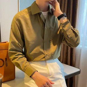 Men's Fashion Casual Solid Stripe Lapel Stand-Up Collar Long Sleeve Linen Shirt