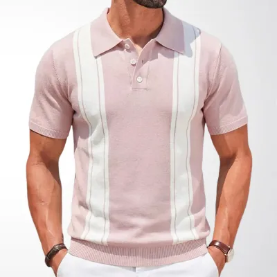 Men's Fashion Casual Striped Knitted Lapel Short Sleeve Business Polo Shirt