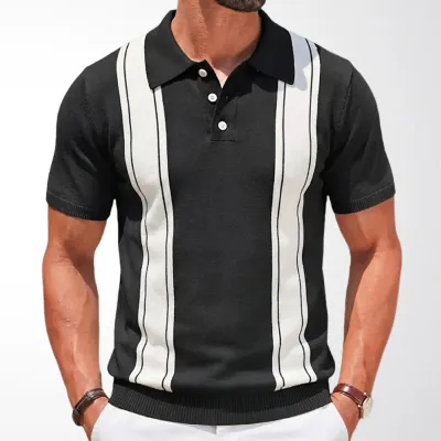 Men's Fashion Casual Striped Knitted Lapel Short Sleeve Business Polo Shirt