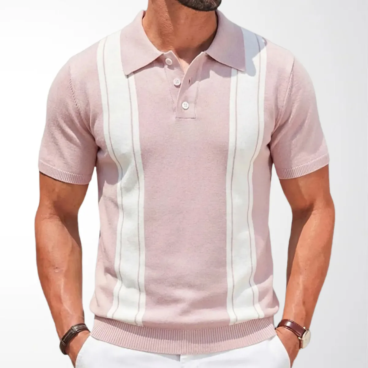 Men's Fashion Casual Striped Knitted Lapel Short Sleeve Business Polo Shirt