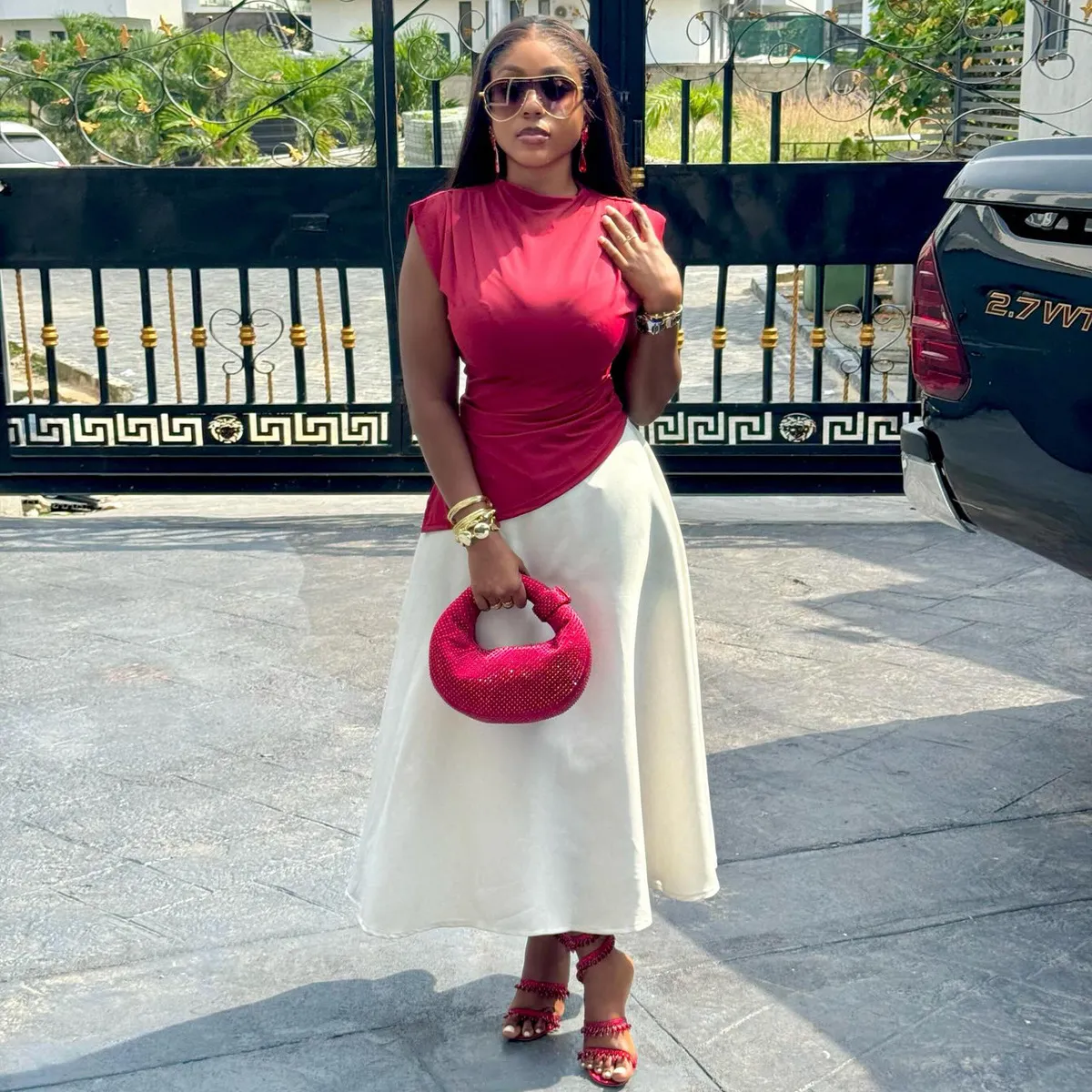 Summer Women Fashion Casual Color-Block Sleeveless Tight Waist Loose African Dress