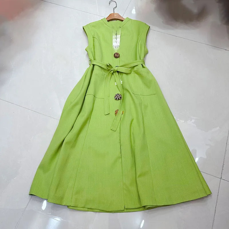 Women Fashion Casual Solid Color Floral Button Sleeveless Loose Dress