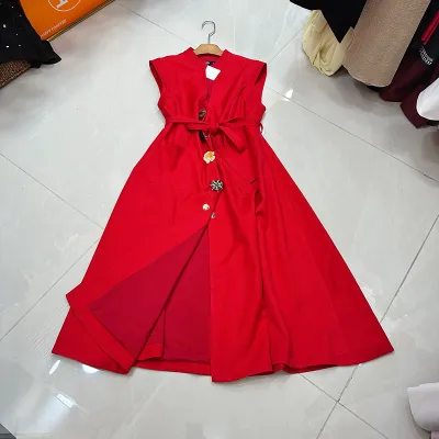 Women Fashion Casual Solid Color Floral Button Sleeveless Loose Dress