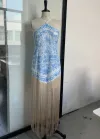 Neck Gloss Tassel Dress-Blue