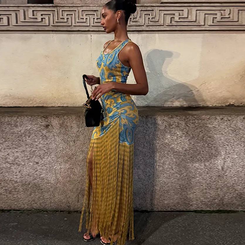 Summer Women Elegant Print Fringe Maxi Dress
