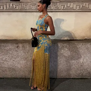 Summer Women Elegant Print Fringe Maxi Dress
