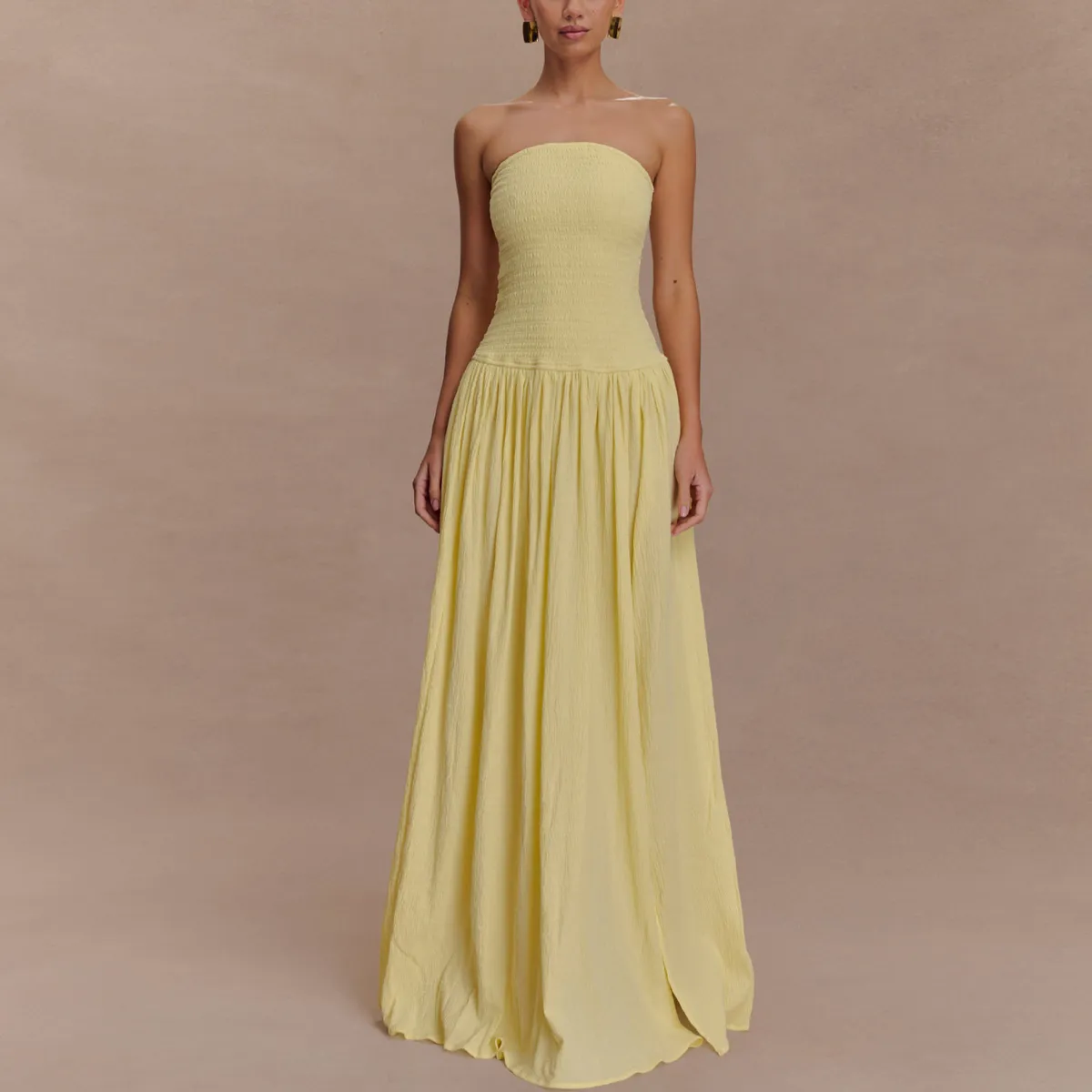 Women Summer Elegant Solid Color Backless Slim Strapless Maxi Dress