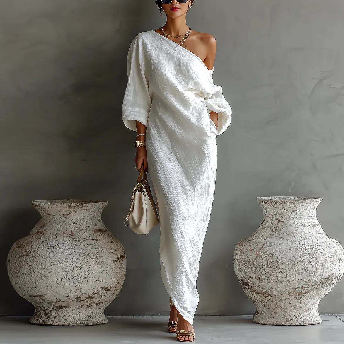 Spring And Summer Fashion Casual Women Long Sleeve Slanted Shoulder Maxi Dress