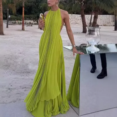 Summer Women Beach Vacation Backless Pleated Maxi Dress