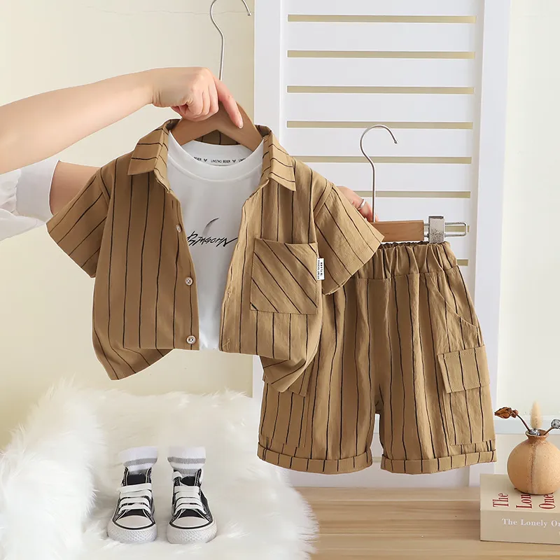 Kids Boys Casual Summer Stripe Lapel Short Sleeve T-Shirt Loose Shorts Three Piece Set