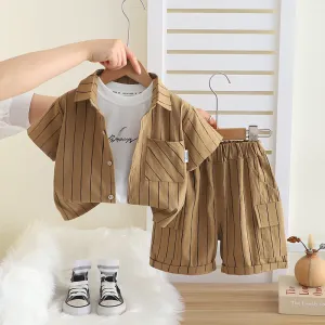 Kids Boys Casual Summer Stripe Lapel Short Sleeve T-Shirt Loose Shorts Three Piece Set