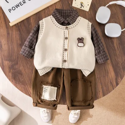 Kids Boys' Fashion Casual Spring Plaid Lapel Long-Sleeve Shirt Knitted Vest Loose Pants Three-Piece Set