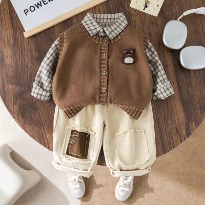 Kids Boys' Fashion Casual Spring Plaid Lapel Long-Sleeve Shirt Knitted Vest Loose Pants Three-Piece Set