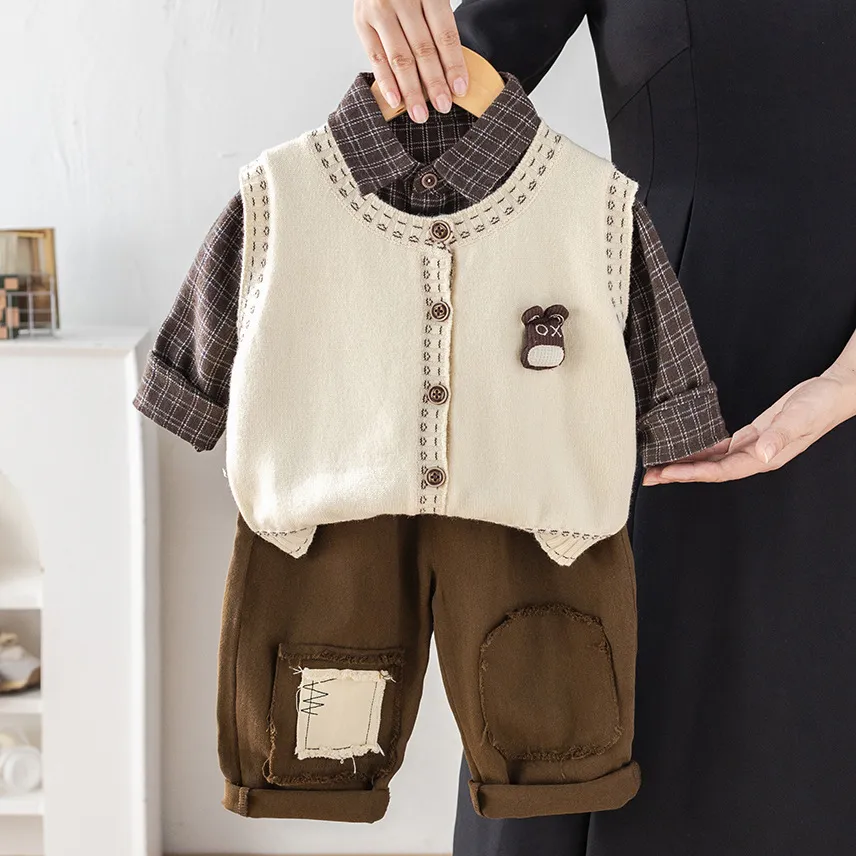 Kids Boys' Fashion Casual Spring Plaid Lapel Long-Sleeve Shirt Knitted Vest Loose Pants Three-Piece Set