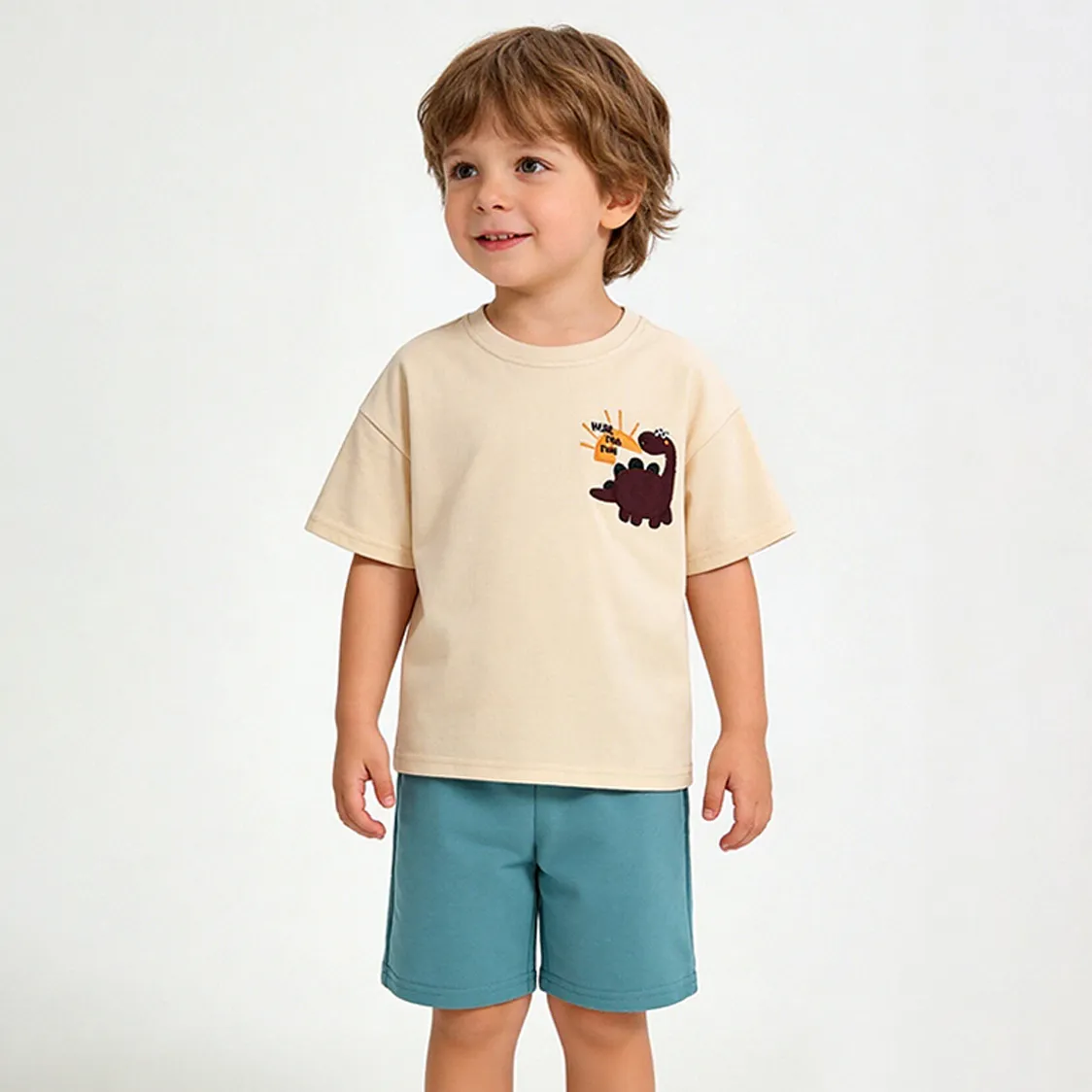 Kids Boys Fashion Cartoon Dinosaur Embroidered Short Sleeve T-Shirt Loose Shorts Two-Piece Set
