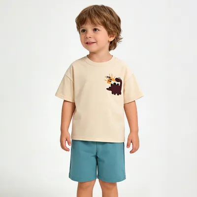 Kids Boys Fashion Cartoon Dinosaur Embroidered Short Sleeve T-Shirt Loose Shorts Two-Piece Set