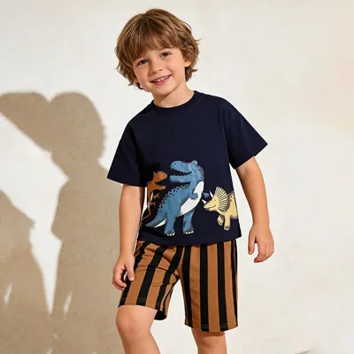Kids Boys Fashion Cartoon Spring Summer Animal Print Round Neck Short Sleeve T-Shirt Loose Shorts Two-Piece Set