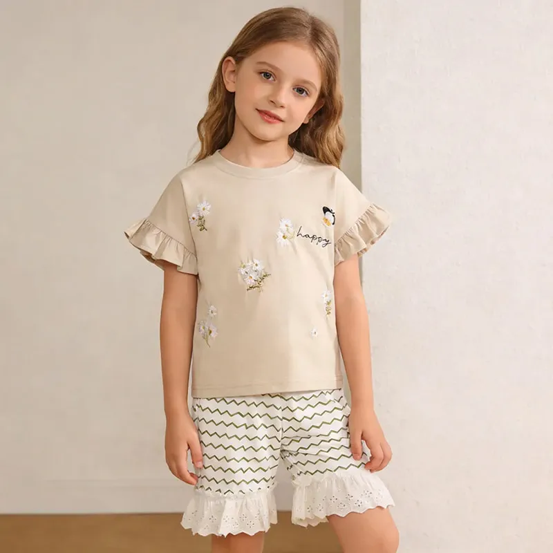 Kids Girls Floral Embroidered Short Sleeve T-Shirt with Stripe Lace Shorts Two-Piece Set Spring Summer Casual
