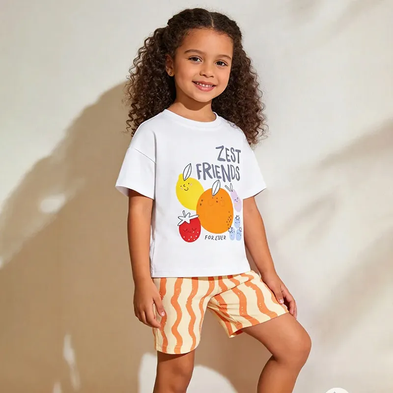 Kids Girls Fashion Casual Spring Summer Printed Short Sleeve T-Shirt and Loose Shorts Two-Piece Set