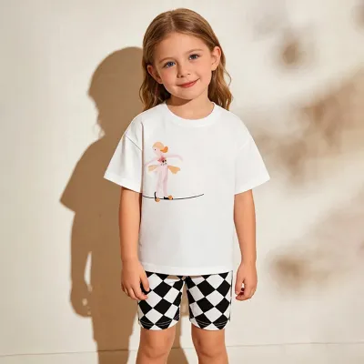 Kids Girls Cotton Cartoon Printed Short Sleeve T-Shirt And Plaid Shorts Two Piece Set Spring Summer
