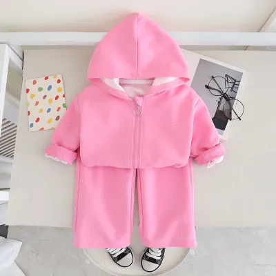 Kids Girls' Fashion Casual Spring Solid Color Rhinestone Long Sleeve Zipper Hoodies Loose Pants Two-Piece Set