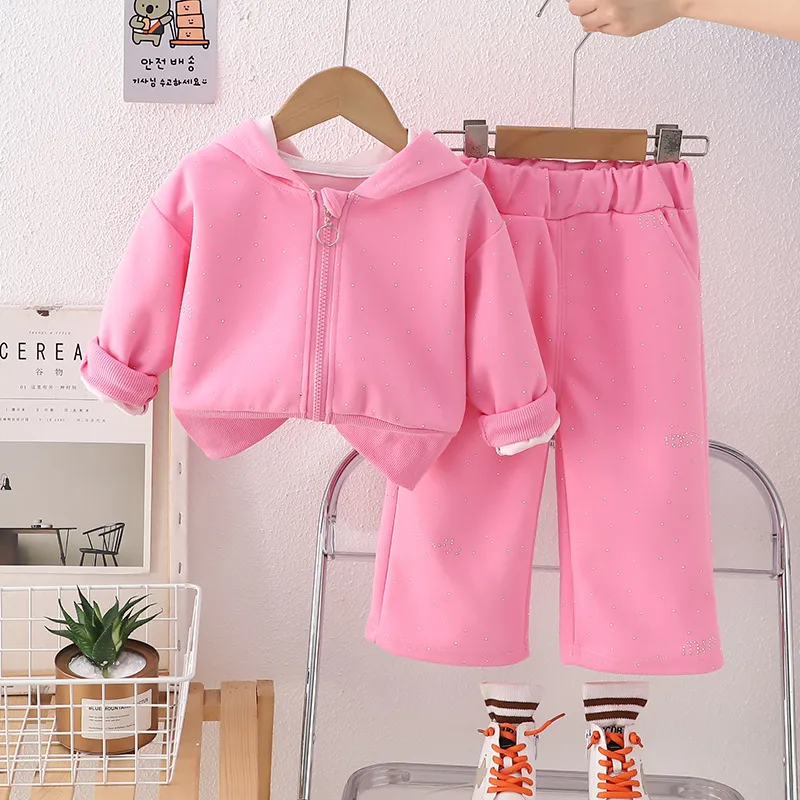 Kids Girls' Fashion Casual Spring Solid Color Rhinestone Long Sleeve Zipper Hoodies Loose Pants Two-Piece Set