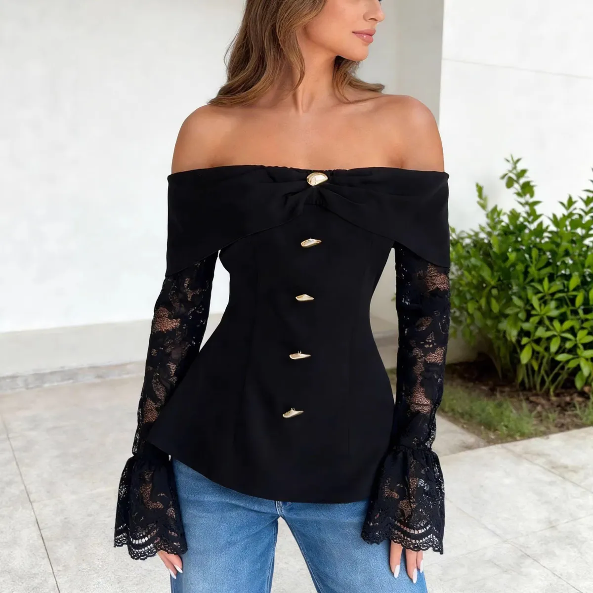Women Fashion Sexy Solid Color Lace Off-Shoulder Long-Sleeve Tight Waist T-Shirt