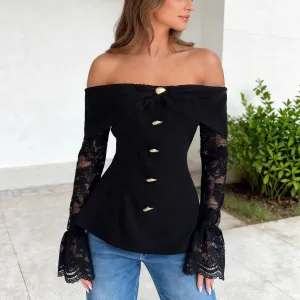 Women Fashion Sexy Solid Color Lace Off-Shoulder Long-Sleeve Tight Waist T-Shirt
