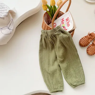 Kids Boys And Girls Fashion Spring Summer Solid Color Double-Layer Cotton Yarn Pants