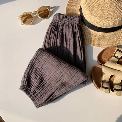 Kids Boys And Girls Fashion Spring Summer Solid Color Double-Layer Cotton Yarn Pants