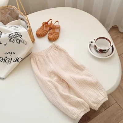 Kids Boys And Girls Fashion Spring Summer Solid Color Double-Layer Cotton Yarn Pants