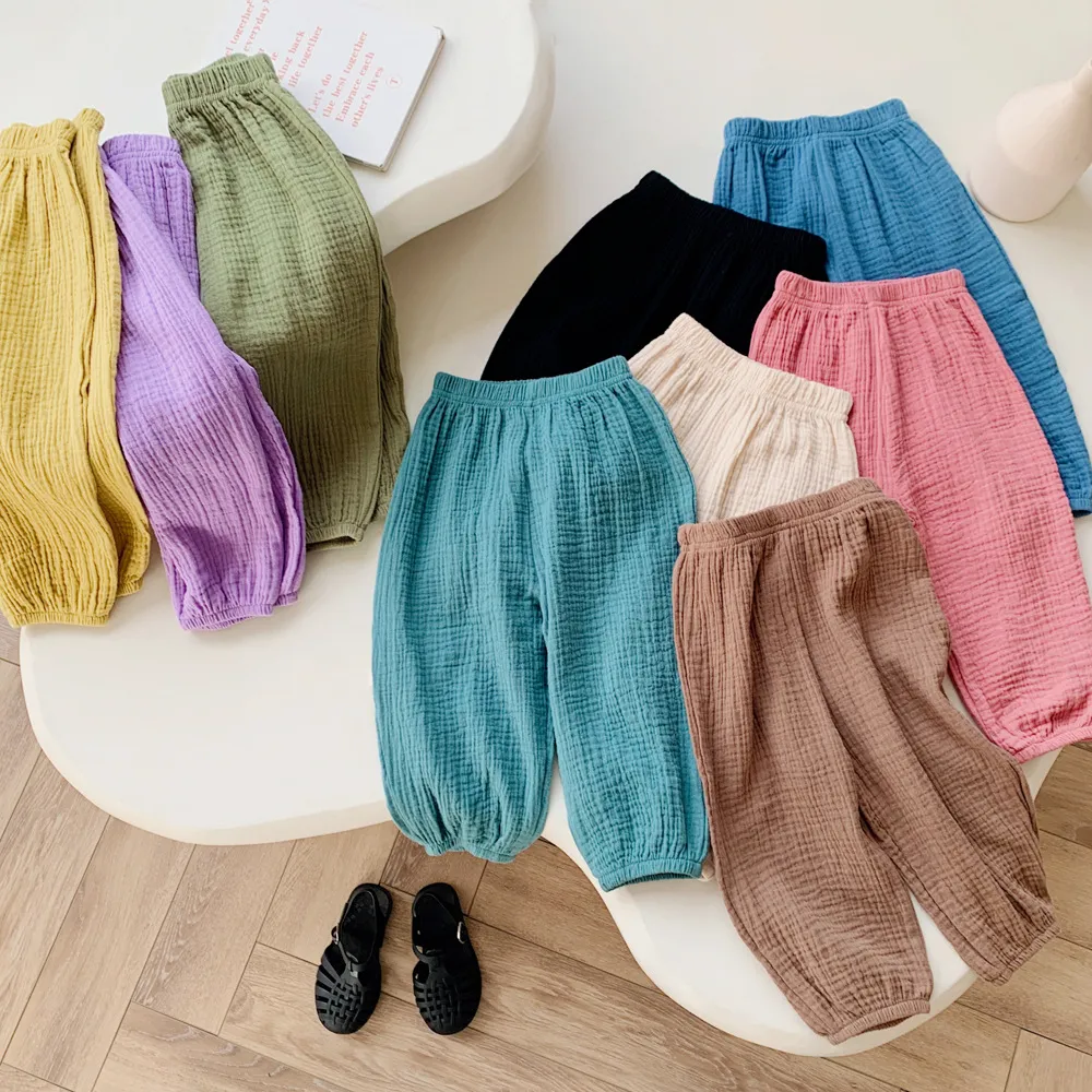 Kids Boys And Girls Fashion Spring Summer Solid Color Double-Layer Cotton Yarn Pants