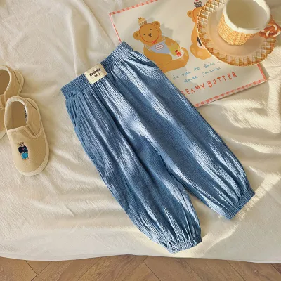 Kids Boys' And Girls Fashion Casual Summer Solid Color Ice Silk Loose Wide-Leg Pants Long Bamboo Fiber Mid-Waist