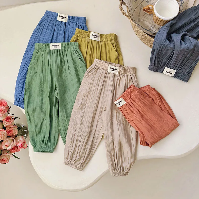 Kids Boys' And Girls Fashion Casual Summer Solid Color Ice Silk Loose Wide-Leg Pants Long Bamboo Fiber Mid-Waist