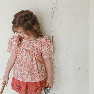Kids Girls Summer Cotton Square Neck Short-Sleeve Floral Blouse