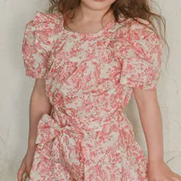 Kids Girls Summer Cotton Square Neck Short-Sleeve Floral Blouse
