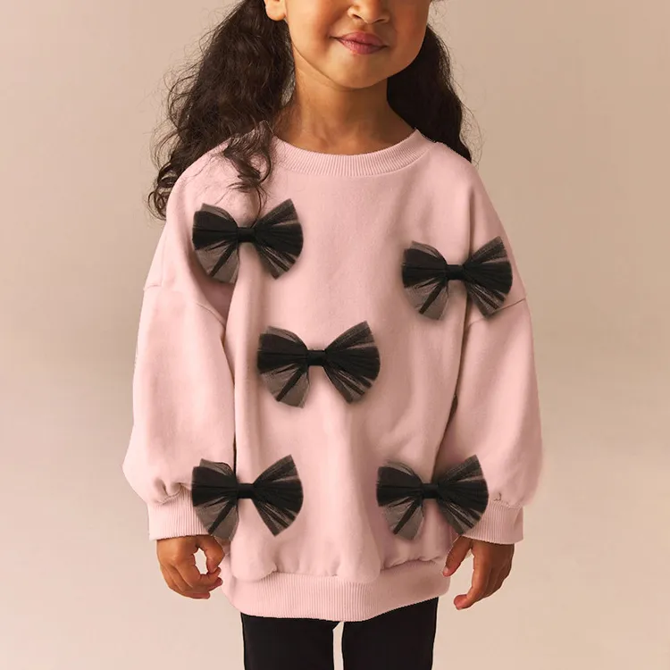 Kids Girls' Fashion Casual Spring Mesh Bowknot Round Neck Long Sleeve Sweatshirt