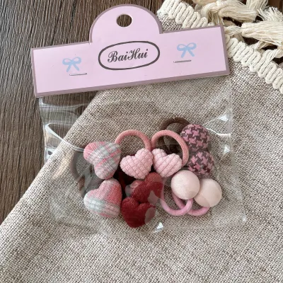 Kids Girls Fashion Fabric Buttons Small Plaid Heart Love Rubber Hair Rope 10pcs/ Packs